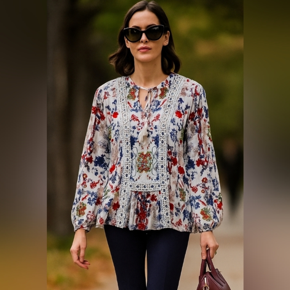 NEWOT🐞LAVA Boho White Floral Puff Sleeve Blouse with Lace & Tassels Tie Sz: L